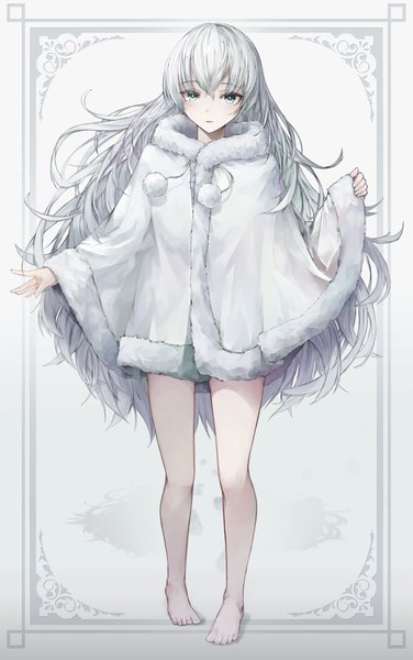 Anime picture 2511x4000 with original crystalherb single long hair tall image looking at viewer blush fringe highres open mouth hair between eyes holding silver hair full body barefoot wide sleeves fur trim framed silver eyes girl