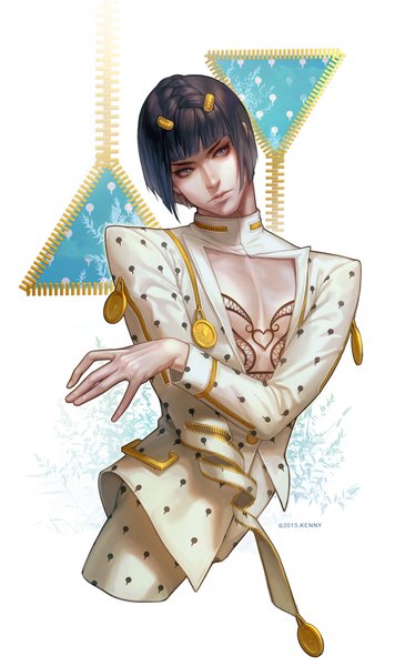 Anime picture 701x1179 with jojo no kimyou na bouken bruno buccellati kenny single tall image fringe short hair black hair white background signed looking away black eyes boy hair ornament hairclip zipper hand