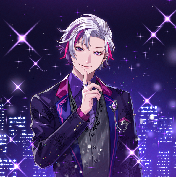 Anime picture 1500x1513 with virtual youtuber nijisanji fuwa minato kurayoshi samu (sum) single tall image looking at viewer short hair smile purple eyes silver hair upper body long sleeves multicolored hair arm up sparkle streaked hair piercing city finger to mouth
