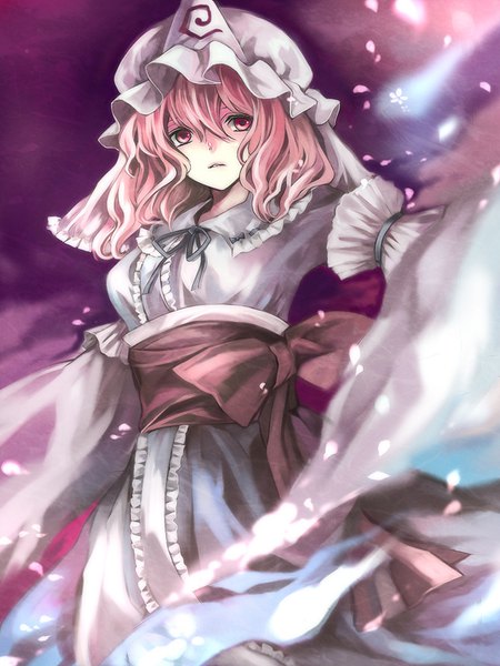 Anime picture 600x800 with touhou saigyouji yuyuko hina (pico) single long hair tall image looking at viewer fringe hair between eyes red eyes standing pink hair parted lips purple background girl dress bow hat petals bonnet