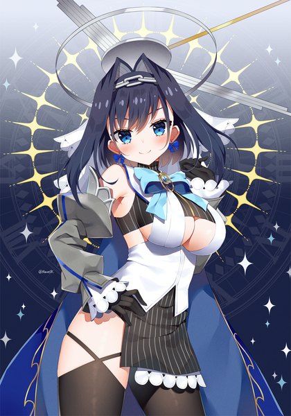 Anime picture 840x1200 with virtual youtuber hololive hololive english ouro kronii ouro kronii (1st costume) mauve single tall image looking at viewer blush fringe short hair breasts blue eyes light erotic black hair smile hair between eyes large breasts standing