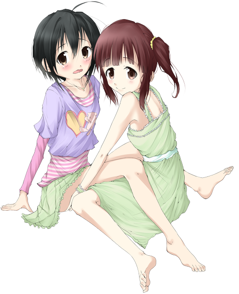 Anime picture 1597x1964 with solru (tyappygain) long hair tall image blush short hair black hair smile brown hair multiple girls brown eyes barefoot legs transparent background girl dress 2 girls