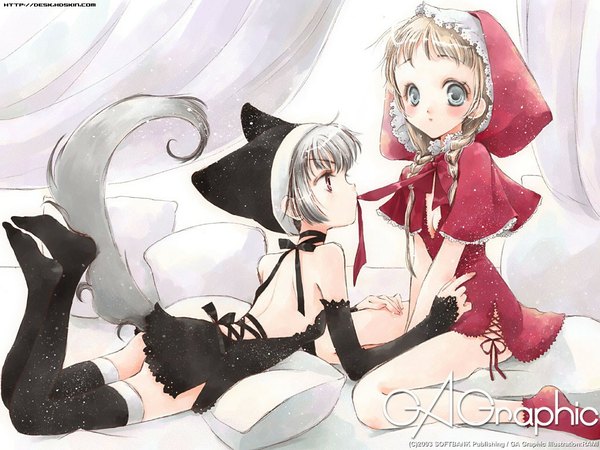 Anime picture 1024x768 with little red riding hood gagraphic little red riding hood (character) rami hato rami blush short hair breasts light erotic blonde hair sitting multiple girls holding animal ears cleavage tail lying pink eyes grey hair cat ears