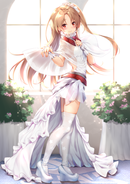 Anime picture 1684x2382 with azur lane cleveland (azur lane) toki (toki ship8) single long hair tall image looking at viewer blush fringe blonde hair red eyes standing full body hair flower light smile sparkle one side up floating hair turning head hand on chest