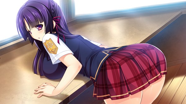 Anime picture 1280x720 with tsuyokiss next long hair blush wide image purple eyes game cg purple hair ass looking back girl skirt uniform school uniform