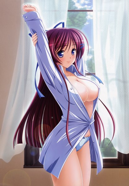 Anime picture 4188x6028 with dengeki hime kishi nisen long hair tall image highres breasts blue eyes light erotic large breasts absurdres red hair open clothes open shirt girl underwear panties ribbon (ribbons) hair ribbon window