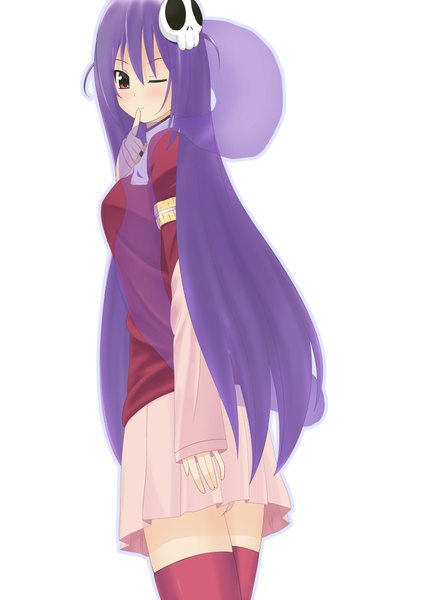 Anime picture 1482x2093 with kami nomi zo shiru sekai haqua du lot herminium chimunge long hair tall image light erotic simple background red eyes white background purple hair one eye closed wink finger to mouth girl thighhighs skirt hair ornament miniskirt skull skull hair ornament
