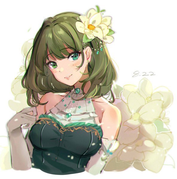 Anime picture 1185x1200 with idolmaster idolmaster cinderella girls idolmaster cinderella girls starlight stage takagaki kaede tomato omurice melon single tall image looking at viewer blush fringe short hair smile bare shoulders green eyes upper body hair flower green hair mole mole under eye dated