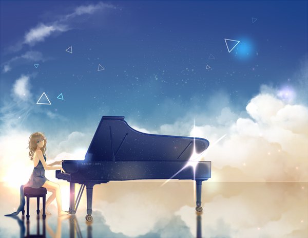 Anime picture 1347x1040 with original rainry single long hair looking at viewer fringe blue eyes hair between eyes brown hair bare shoulders signed payot sky cloud (clouds) full body outdoors head tilt barefoot bare legs turning head