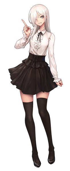 Anime picture 650x1588 with original oopartz (grooooovy) single long hair tall image looking at viewer fringe simple background smile white background full body ahoge white hair long sleeves head tilt hair over one eye teeth grey eyes zettai ryouiki girl
