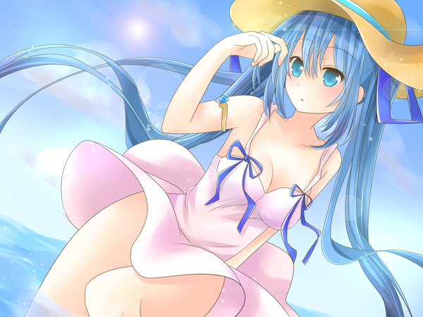 Anime picture 1600x1200 with vocaloid hatsune miku ponko (artist) single long hair blue eyes twintails bare shoulders blue hair looking away girl hat sea sundress