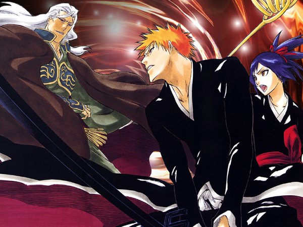 Anime picture 1024x768 with bleach gekijouban bleach: memories of nobody studio pierrot kurosaki ichigo senna ganryuu kubo tite long hair short hair blue hair white hair ponytail orange hair official art wallpaper spiked hair bankai sword cape