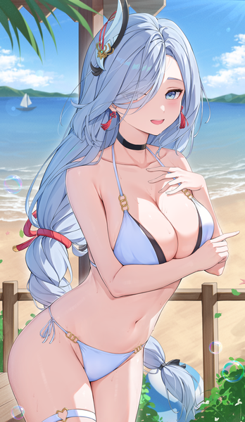 Anime picture 2747x4743 with genshin impact shenhe (genshin impact) rosumerii single long hair tall image looking at viewer fringe highres breasts open mouth blue eyes light erotic smile large breasts standing sky cloud (clouds) outdoors braid (braids)