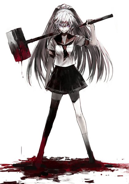 Anime picture 700x1000 with akuma no riddle banba mahiru minakata sunao single long hair tall image looking at viewer fringe simple background smile standing purple eyes silver hair ponytail blood stains bloody weapon crazy smile girl skirt uniform