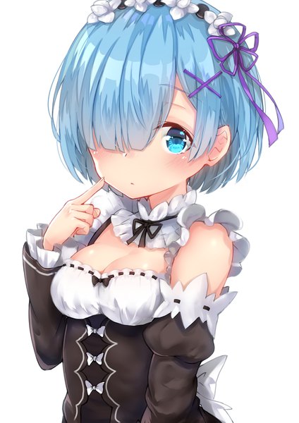 Anime picture 1447x2047 with re:zero kara hajimeru isekai seikatsu white fox rem (re:zero) wowoguni single tall image looking at viewer blush fringe short hair breasts blue eyes light erotic simple background standing white background blue hair cleavage upper body hair over one eye