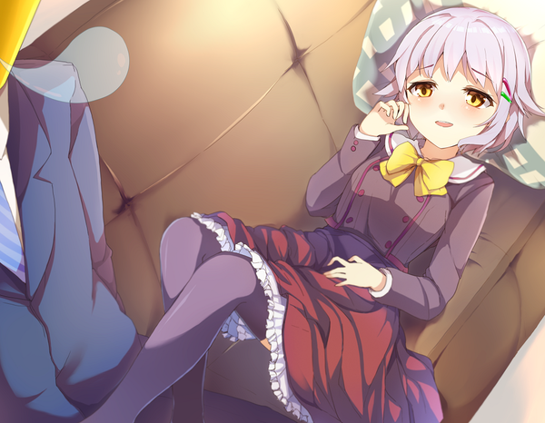 Anime picture 1000x778 with idolmaster idolmaster cinderella girls koshimizu sachiko haruyuki (yukichasoba) single blush short hair open mouth yellow eyes purple hair lying girl thighhighs dress boy black thighhighs couch