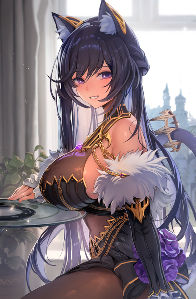 Anime picture 2100x3200 with counter:side carmen (counter:side) zerocat single long hair tall image looking at viewer blush fringe highres breasts light erotic black hair smile hair between eyes large breasts sitting purple eyes animal ears indoors
