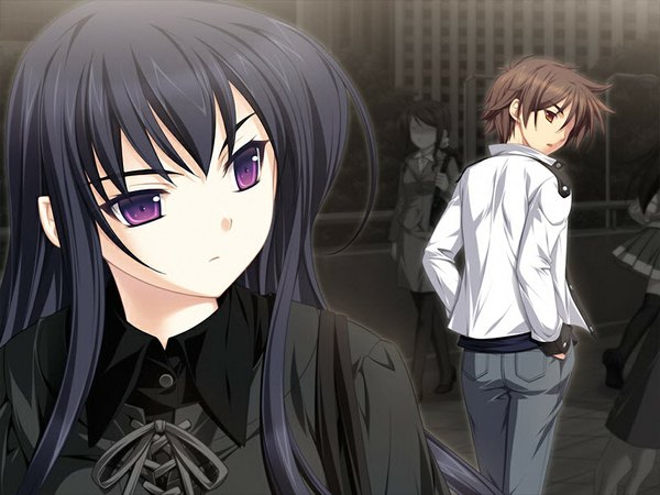 Anime picture 1024x768 with comu -kuroi ryuu to yasashii oukoku- hinaori kagome long hair fringe short hair black hair brown hair standing purple eyes brown eyes payot game cg upper body outdoors looking back couple girl boy ribbon (ribbons)