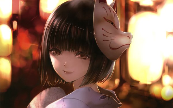 Anime picture 1680x1050 with original kiyohara hiro single looking at viewer short hair brown hair wide image brown eyes japanese clothes light smile mask on head girl kimono mask fan lantern fox mask