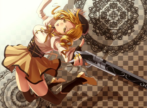 Anime picture 1353x1002 with mahou shoujo madoka magica shaft (studio) tomoe mami asurafkmt (artist) open mouth blonde hair yellow eyes nail polish drill hair checkered girl thighhighs weapon black thighhighs hat gun rifle musket