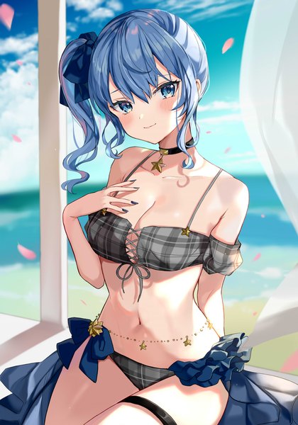 Anime picture 1750x2500 with virtual youtuber hololive hoshimachi suisei satoupote single long hair tall image looking at viewer blush fringe highres breasts blue eyes light erotic hair between eyes large breasts blue hair nail polish side ponytail hand on chest