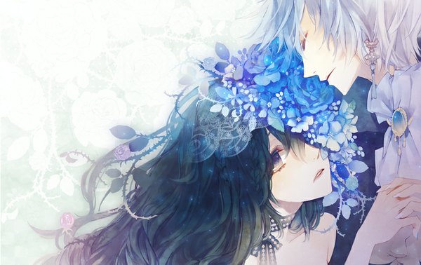 Anime picture 800x504 with original kuroyuki long hair short hair black hair purple eyes white hair eyes closed profile hair flower holding hands girl boy hair ornament flower (flowers) rose (roses) blue rose