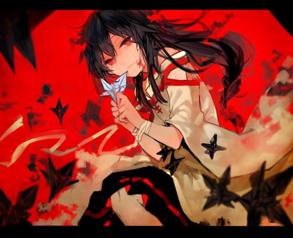 Anime picture 2600x2114 with vocaloid yuezheng ling ctrl (821642) single long hair looking at viewer fringe highres black hair red eyes bare shoulders wide sleeves tears crying girl dress bandage (bandages) origami