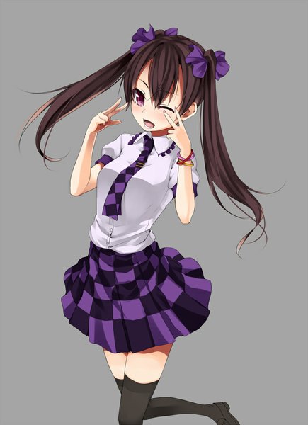Anime picture 726x1000 with touhou himekaidou hatate unasaka ryou long hair tall image open mouth black hair purple eyes twintails one eye closed wink checkered skirt girl thighhighs dress skirt bow black thighhighs hair bow necktie