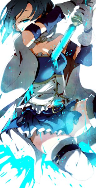 Anime picture 600x1166 with mahou shoujo madoka magica shaft (studio) miki sayaka hiiragi fuyuki single tall image fringe short hair breasts blue eyes bare shoulders holding blue hair pleated skirt zettai ryouiki glowing glow glowing weapon girl skirt