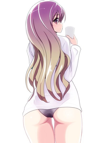 Anime picture 2894x4093 with touhou hijiri byakuren amisu single long hair tall image looking at viewer blush fringe highres light erotic simple background blonde hair red eyes standing white background holding ass looking back multicolored hair