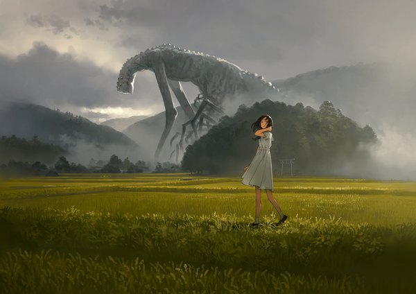 Anime picture 1600x1131 with original yoshida seiji single long hair looking at viewer open mouth black hair cloud (clouds) outdoors looking back wind mountain walking scenic sailor collar fog field giant girl dress