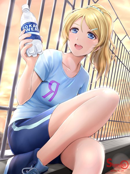 Anime picture 750x1000 with love live! school idol project sunrise (studio) love live! pocari sweat ayase eli shamakho single long hair tall image looking at viewer open mouth blue eyes blonde hair ponytail girl shoes sneakers water bottle
