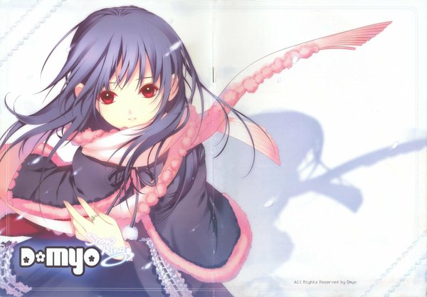 Anime picture 2157x1500 with dmyotic shirahane nao single long hair looking at viewer highres black hair red eyes purple hair from above shadow girl scarf cape ring