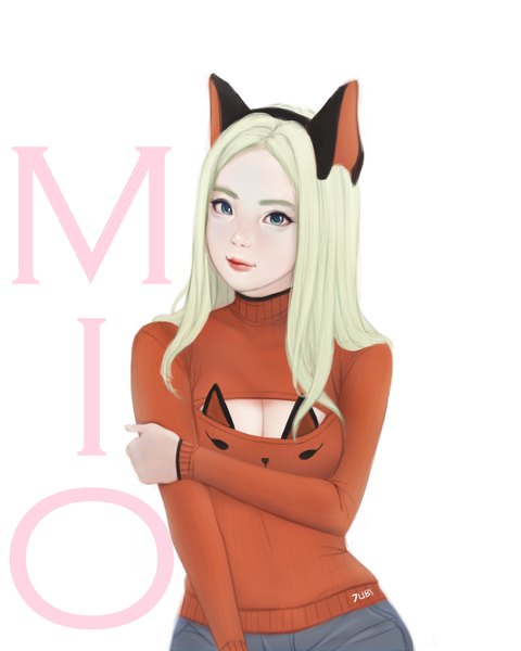 Anime picture 2400x3000 with original mio (jubi) jubi (regiana) single long hair tall image looking at viewer highres breasts blue eyes simple background blonde hair white background signed animal ears cleavage upper body long sleeves cat ears realistic