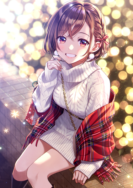Anime picture 1157x1637 with original morikura en single tall image looking at viewer blush fringe short hair smile brown hair sitting brown eyes signed braid (braids) long sleeves arm up fingernails grin lens flare dated