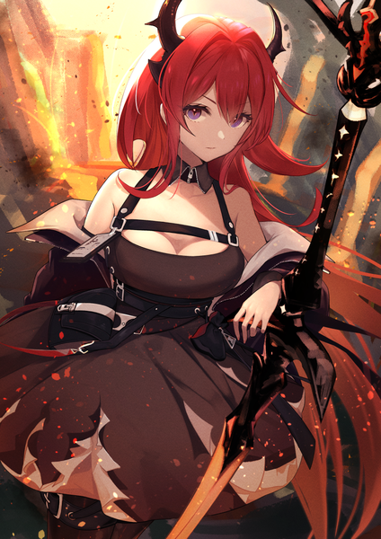 Anime picture 827x1169 with arknights surtr (arknights) nokke o single long hair tall image looking at viewer fringe breasts hair between eyes red eyes standing cleavage parted lips head tilt horn (horns) off shoulder open jacket girl thighhighs
