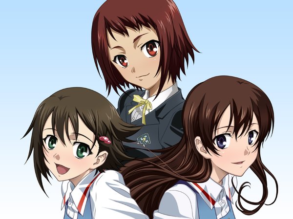 Anime picture 1600x1200 with true tears isurugi noe yuasa hiromi ando aiko long hair blush short hair open mouth simple background smile red eyes brown hair multiple girls green eyes girl uniform hair ornament school uniform hairclip 3 girls