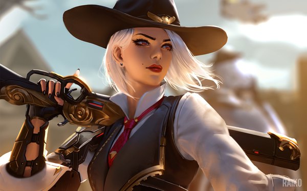 Anime picture 1920x1200 with overwatch blizzard entertainment ashe (overwatch) raikoart single highres short hair red eyes holding signed looking away upper body white hair nail polish looking back fingernails wind blurry realistic mole