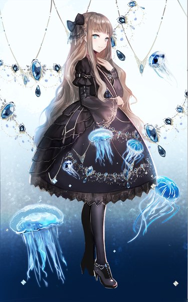 Anime picture 1000x1600 with original juexing (moemoe3345) single long hair tall image looking at viewer blush fringe blue eyes smile brown hair standing full body blunt bangs long sleeves wide sleeves high heels gradient background hand on chest wavy hair