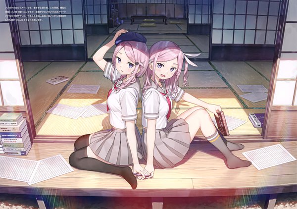 Anime picture 4999x3518 with original kantoku long hair looking at viewer blush fringe highres open mouth smile sitting purple eyes multiple girls payot pink hair absurdres full body bent knee (knees) parted lips :d pleated skirt