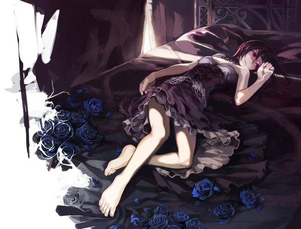 Anime picture 1535x1169 with original aoin single red eyes purple hair lying no shoes gothic girl dress window pillow rose (roses) bed blue rose room