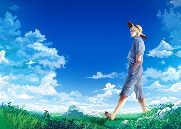 Anime picture 3500x2500 with gintama sunrise (studio) sakata gintoki mattsun single highres short hair smile red eyes absurdres sky cloud (clouds) white hair alternate costume landscape walking hands in pockets boy plant (plants) hat