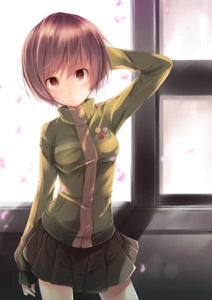Anime picture 1800x2542 with persona 4 persona satonaka chie fal maro single tall image looking at viewer blush fringe highres short hair breasts brown hair standing brown eyes hand on head girl petals window