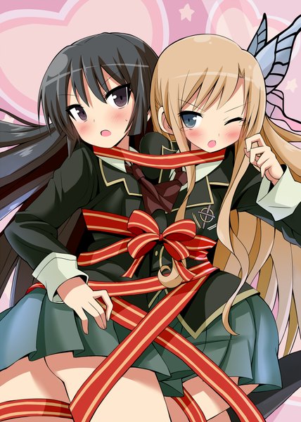 Anime picture 1428x2000 with boku wa tomodachi ga sukunai kashiwazaki sena mikazuki yozora long hair tall image blush open mouth black hair blonde hair multiple girls green eyes black eyes girl skirt uniform hair ornament bow ribbon (ribbons) 2 girls school uniform