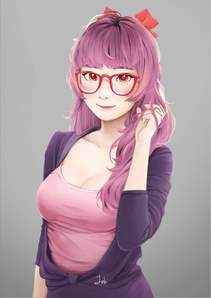 Anime picture 1292x1826 with original yuri (jubi) jubi (regiana) single long hair tall image looking at viewer fringe breasts smile red eyes large breasts signed purple hair upper body blunt bangs realistic grey background gradient background casual