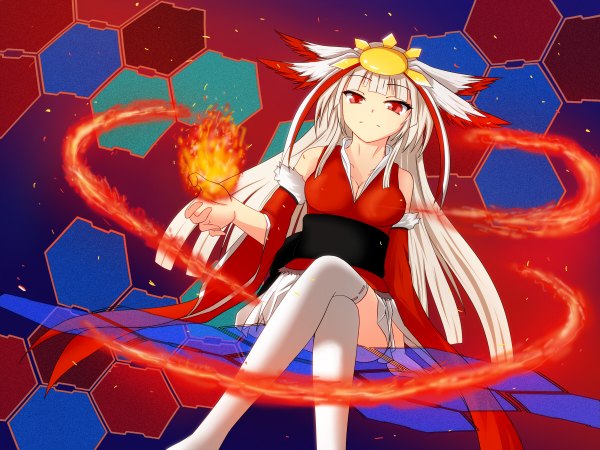 Anime picture 1200x900 with beatmania beatmania iidx houou rinka gamachi single long hair red eyes white hair crossed legs girl thighhighs hair ornament detached sleeves white thighhighs fire fireball
