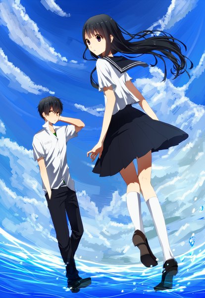 Anime picture 1050x1520 with hyouka kyoto animation chitanda eru oreki houtarou rara (pql-amz) long hair tall image short hair black hair purple eyes green eyes sky cloud (clouds) looking back girl boy skirt uniform shirt water