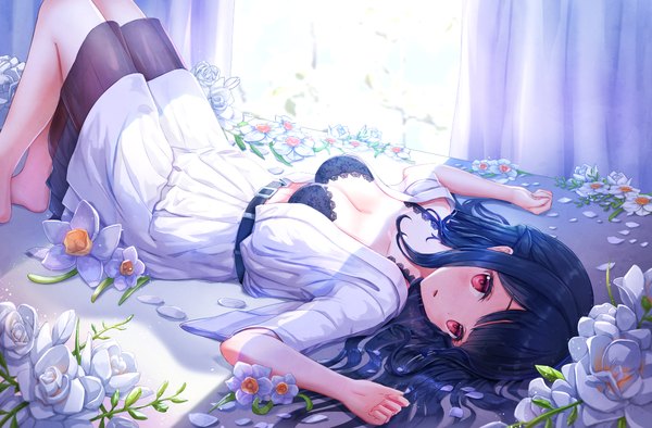 Anime picture 1164x766 with original lunacle single long hair looking at viewer blush fringe breasts light erotic black hair red eyes bent knee (knees) indoors lying barefoot sunlight shadow on back shaded face half updo