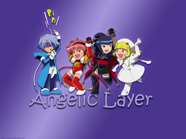 Anime picture 1024x768 with angelic layer studio bones hikaru (angelic layer) blonde hair simple background blue hair pink hair grey hair chibi blanche wizard (angelic layer)