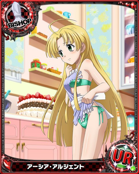 Anime picture 640x800 with highschool dxd asia argento single long hair tall image blush light erotic blonde hair green eyes torn clothes card (medium) nearly naked apron girl swimsuit bikini sweets apron cake